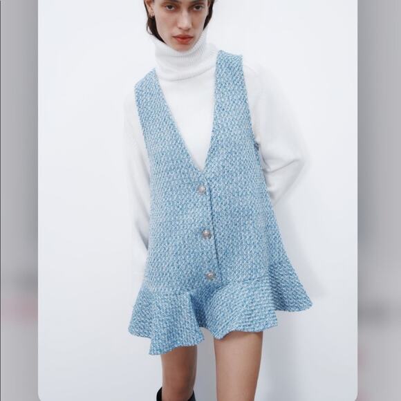 Zara Blue and White TEXTURED RUFFLED PINAFORE DRESS Size Extra Small XS - Picture 9 of 16
